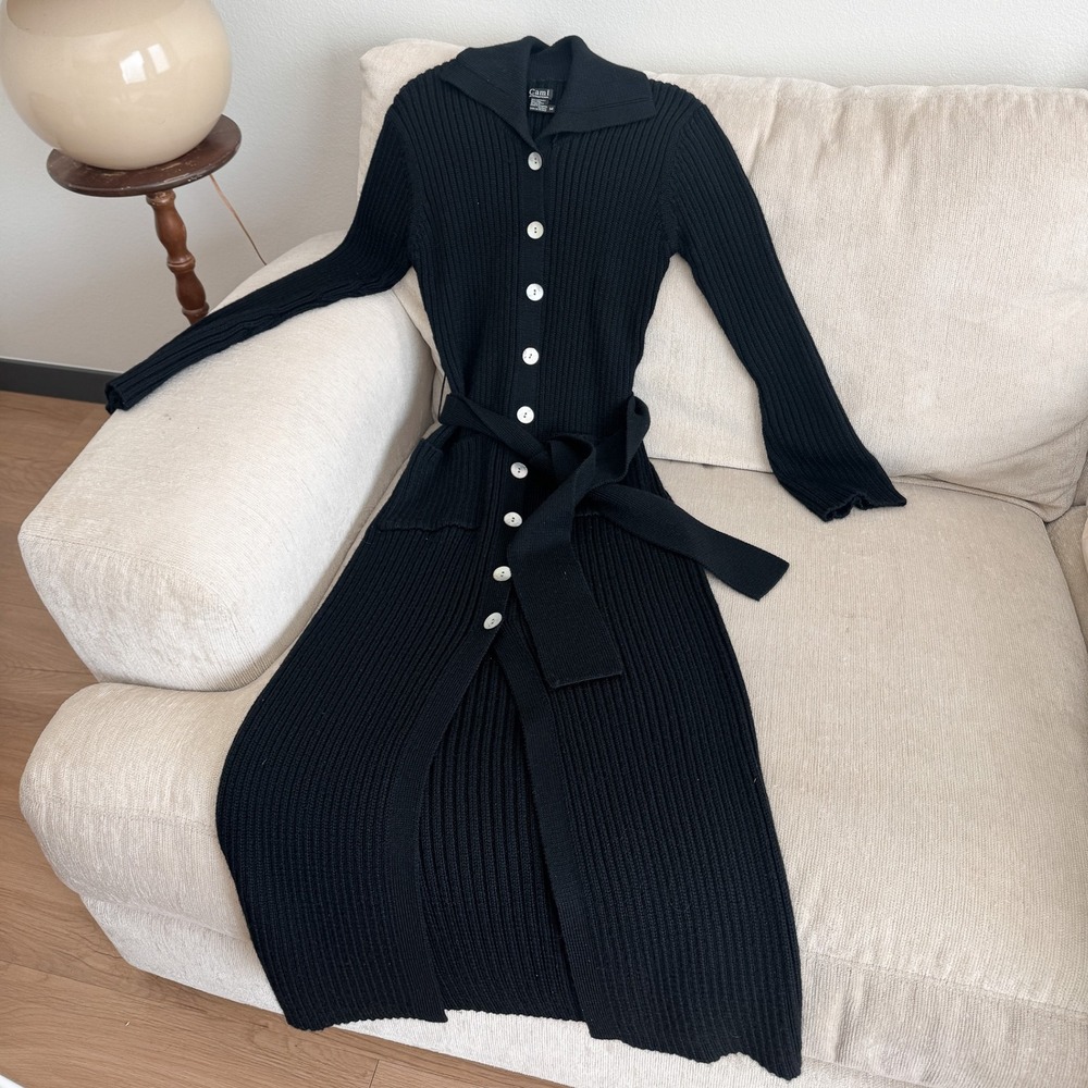 VTG Black Ribbed Knit Wool Blend Maxi Button Cardigan‎ Dress Duster Medium 90s